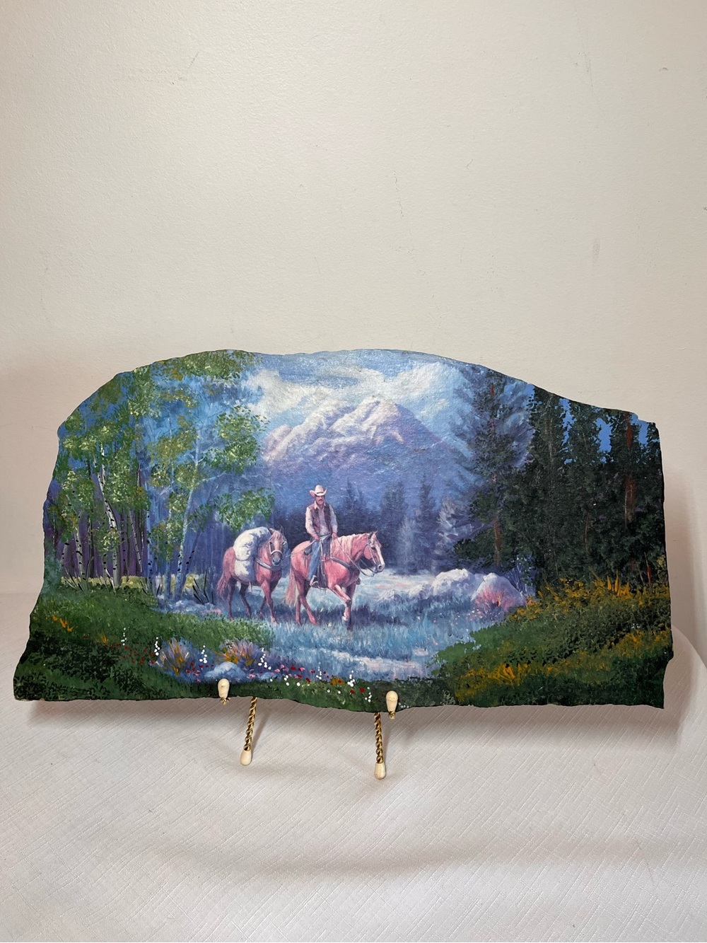 Hand-Painted Mountain Cowboy Scene on Slate - western. Country.